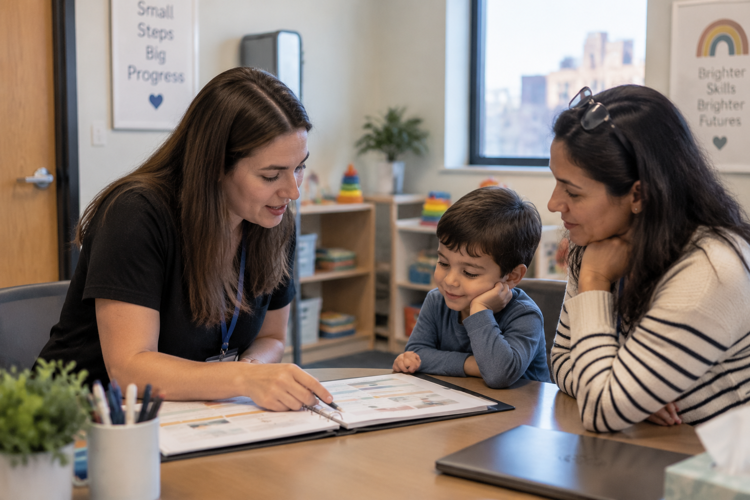 Therapist showing the child and parent about the ABA Therapy session duration