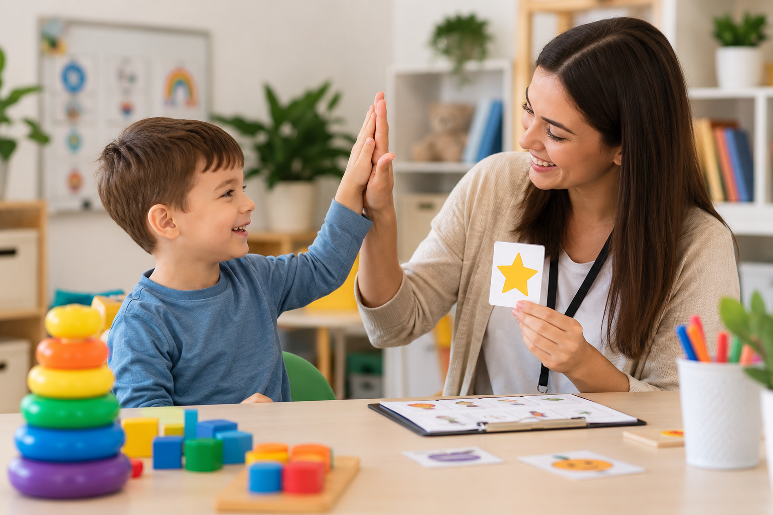 Therapist and child practicing ABA skills with visual learning activities.